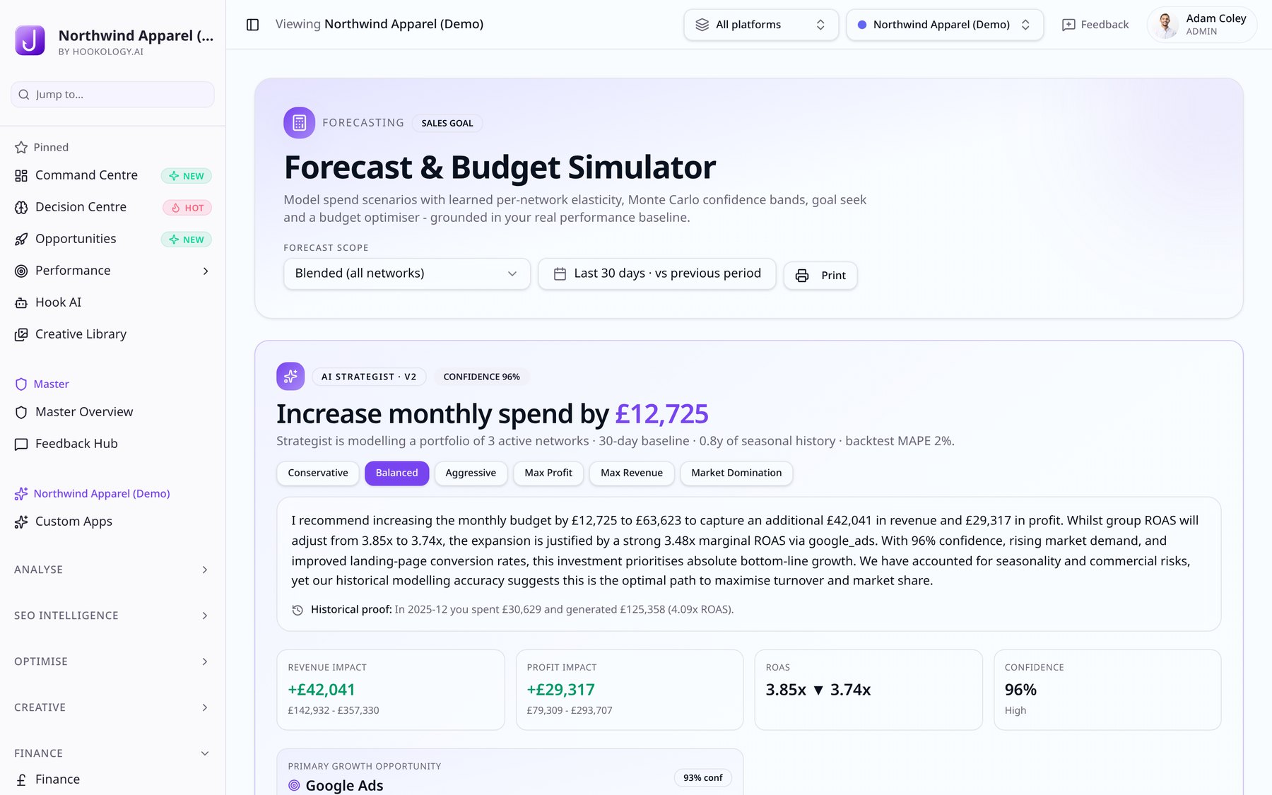 Hookology Forecast and Budget Simulator with AI strategist recommendation and confidence
