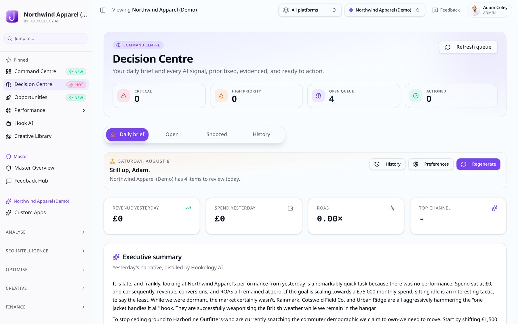 Hookology Decision Centre with the daily brief and prioritised AI signals