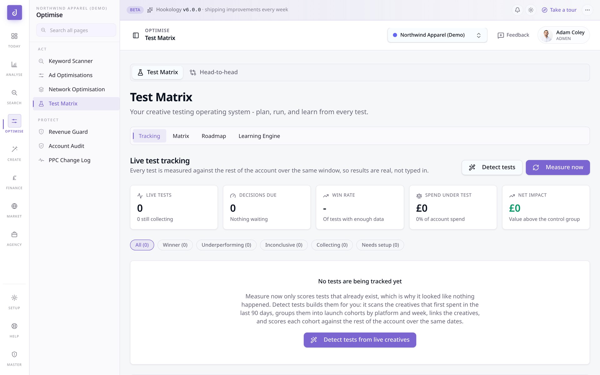 Creative Test Matrix detail view