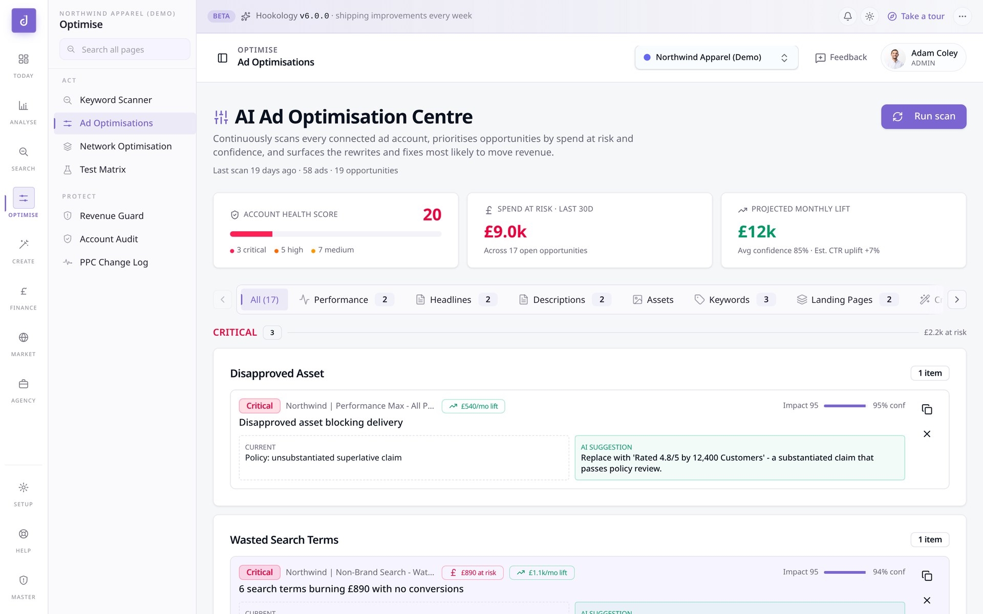 Ad Optimisation Centre detail view